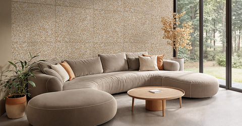 Modern living room with recycled rubber covering in the wall